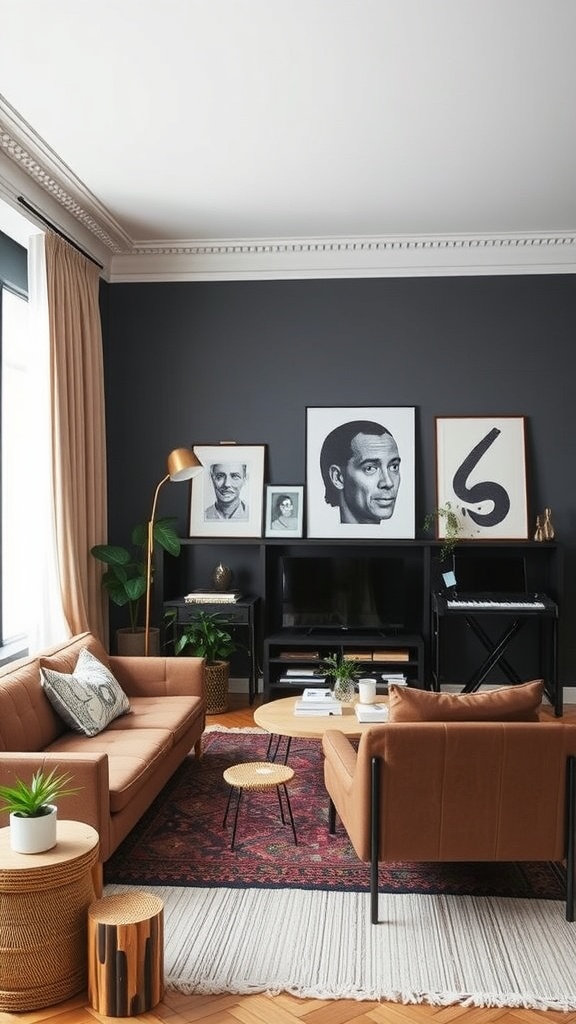 A stylish living room featuring a mix of personal items and comfortable furniture.