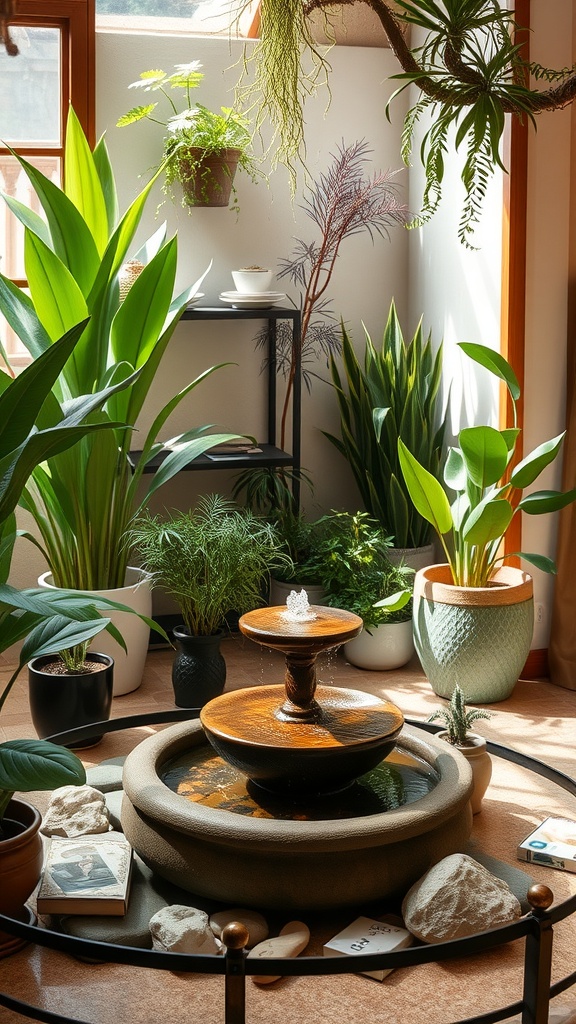 Indoor fountain surrounded by plants and decor.