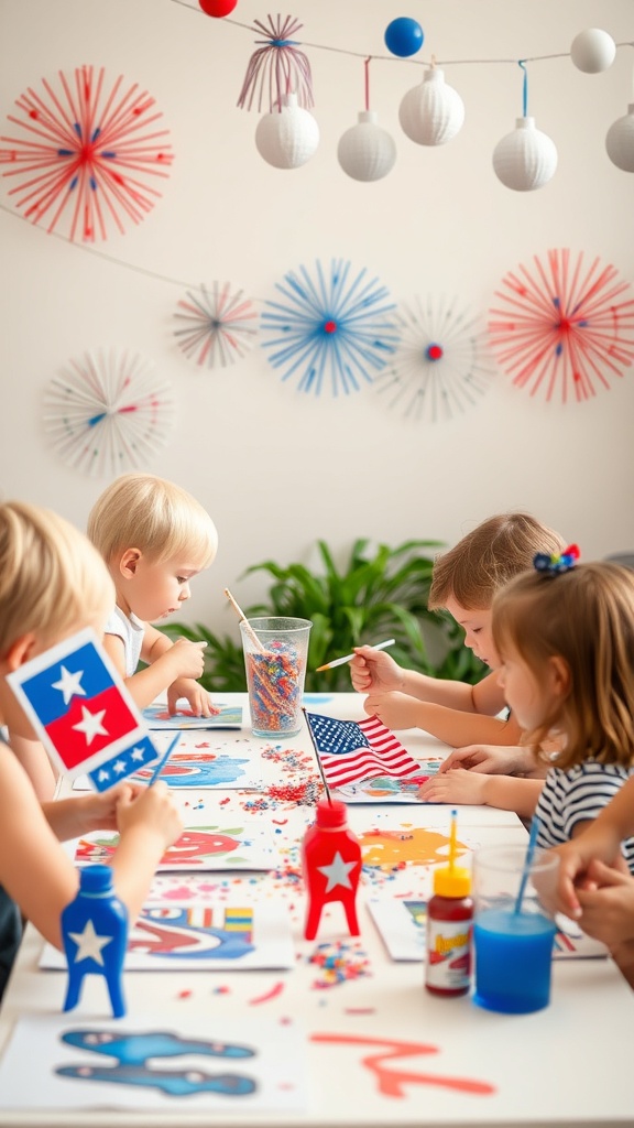 Children engaged in a 4th of July art project with flags and colorful decorations.