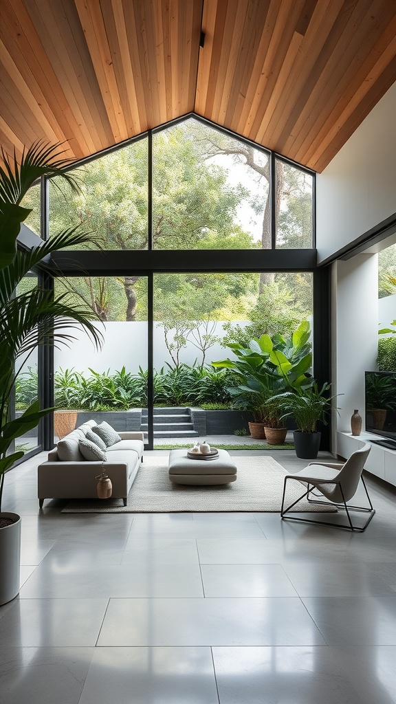 A modern living room with large windows opening to a lush garden.
