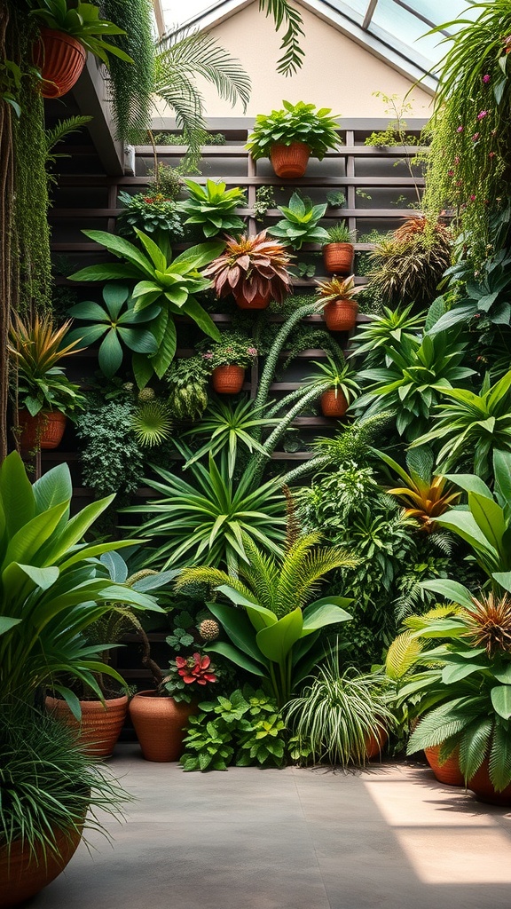 A lush indoor garden with various plants arranged on a wall, showcasing vibrant greenery.