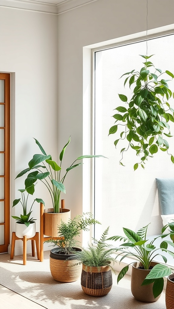 Indoor plants in stylish pots near a window, showcasing a blend of Scandi-Japanese design.