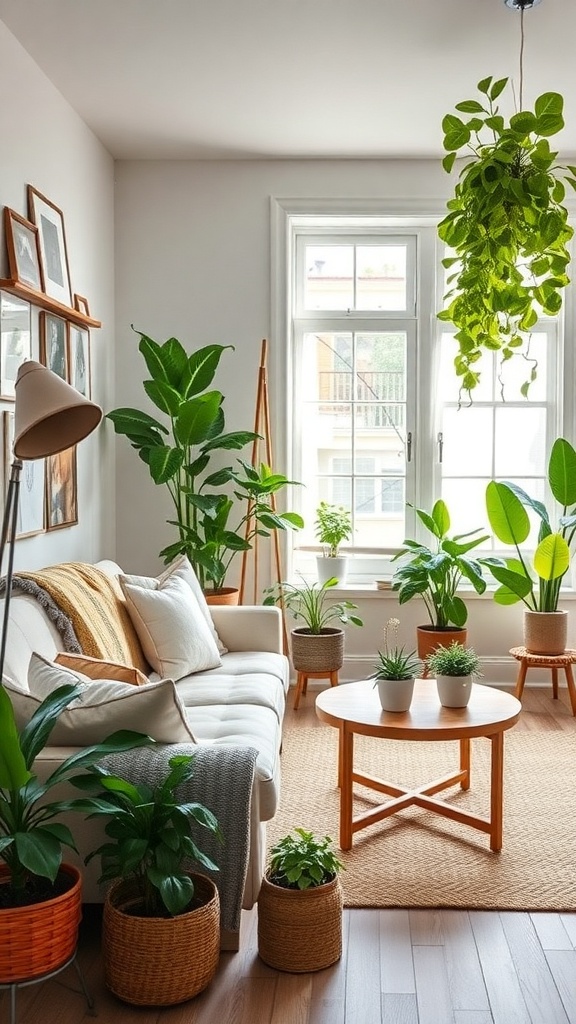 A cozy contemporary farmhouse living room filled with various indoor plants and greenery.