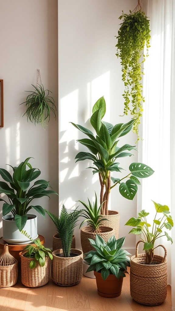 A collection of indoor plants in stylish pots, showcasing a modern home interior.