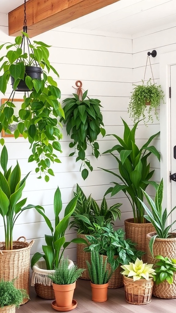 A variety of indoor plants in woven baskets and pots, enhancing a farmhouse interior.