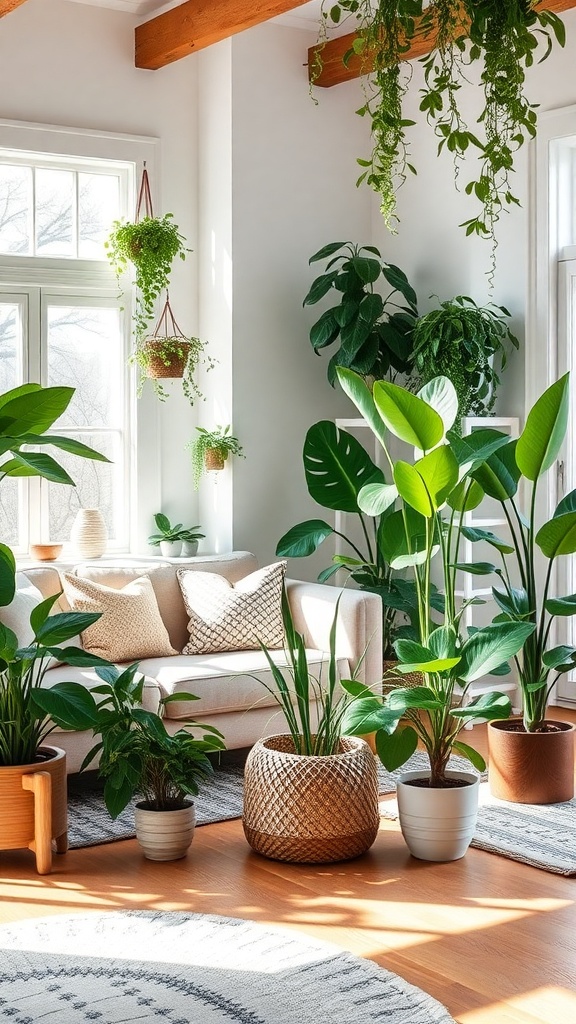 A bright and airy living room filled with various indoor plants, showcasing a cozy sofa and natural light.