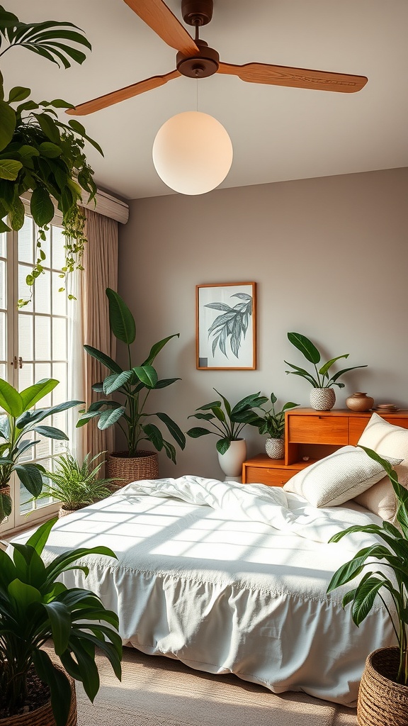 A cozy Japandi bedroom filled with various indoor plants, featuring a bed and wooden furniture.