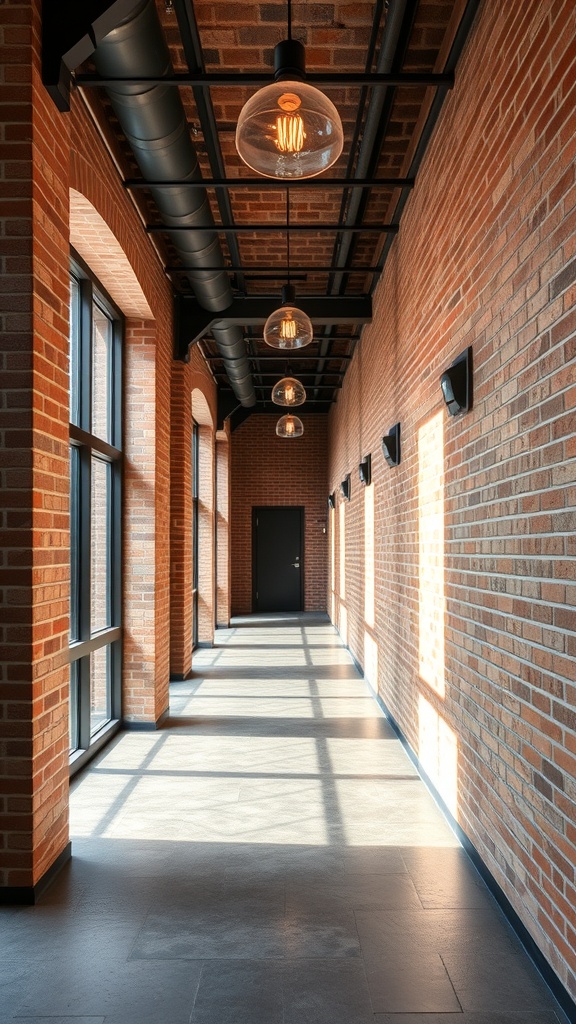 A stylish industrial hallway featuring exposed brick walls and modern lighting.