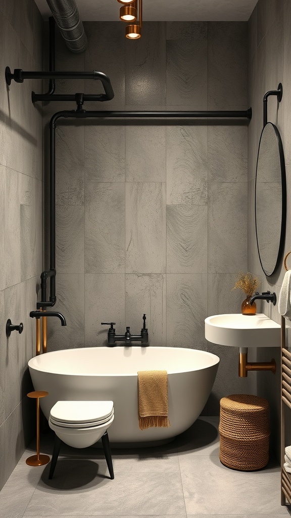 A stylish industrial bathroom featuring a white bathtub, black fixtures, and warm lighting.