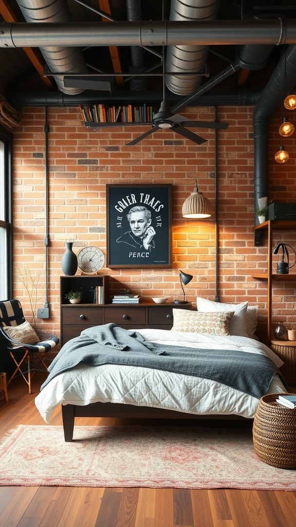 A stylish industrial loft bedroom featuring exposed brick walls, wooden flooring, and modern decor.