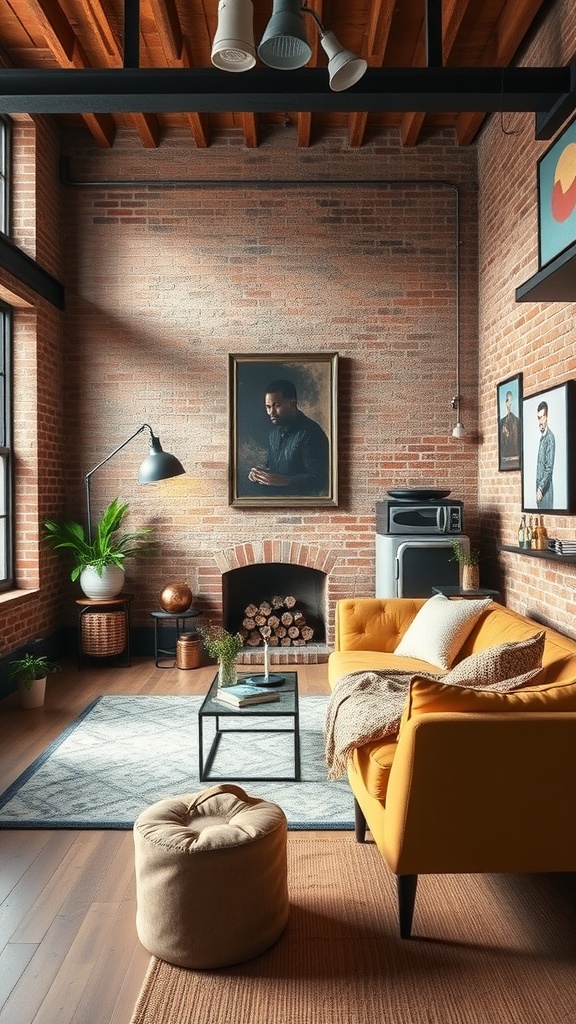 A cozy industrial-style living room featuring exposed brick walls, a yellow sofa, and modern decor.
