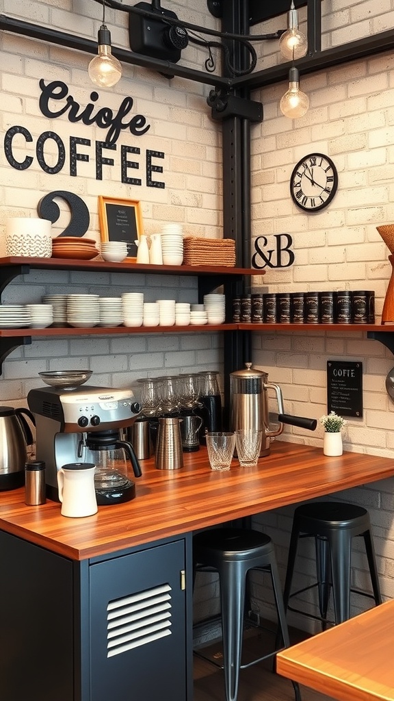 A cozy industrial rustic coffee nook featuring a wooden countertop, metal stools, and various coffee-making equipment.
