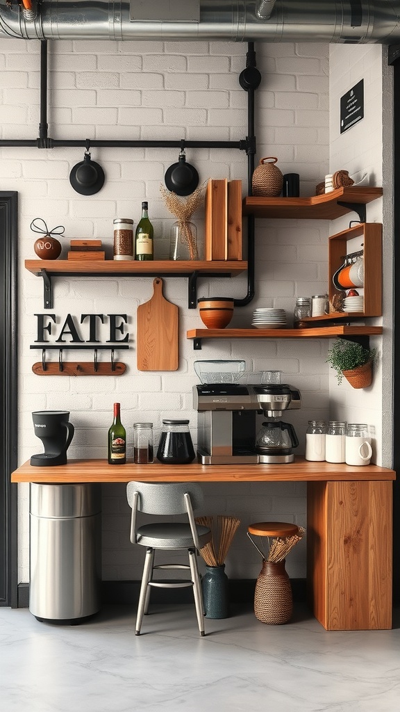 A stylish industrial coffee station with wooden shelves, a coffee maker, and decorative items.