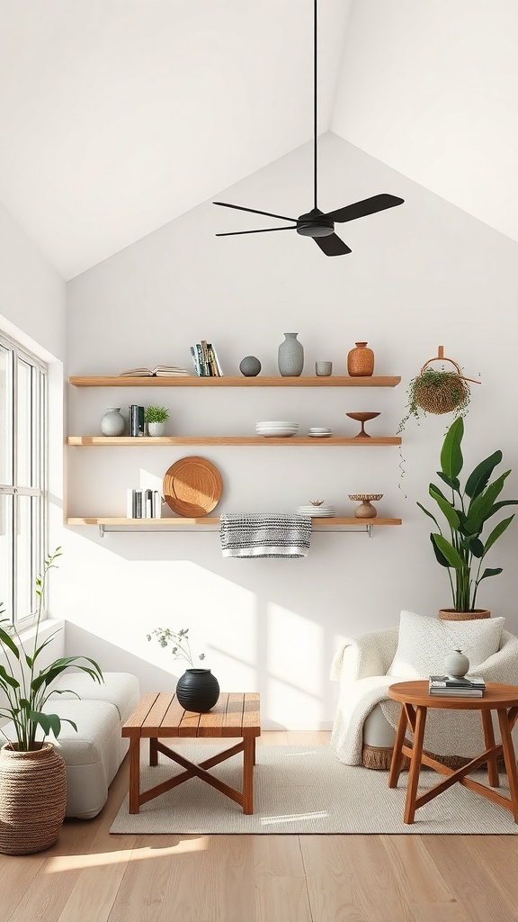 A bright and airy living room featuring a ceiling fan, wooden shelves, and plants.