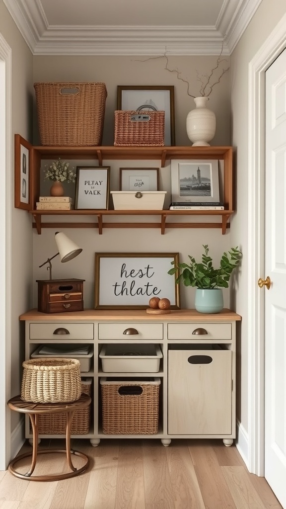 A stylish storage solution featuring open shelves with baskets and decorative items, paired with a functional cabinet.