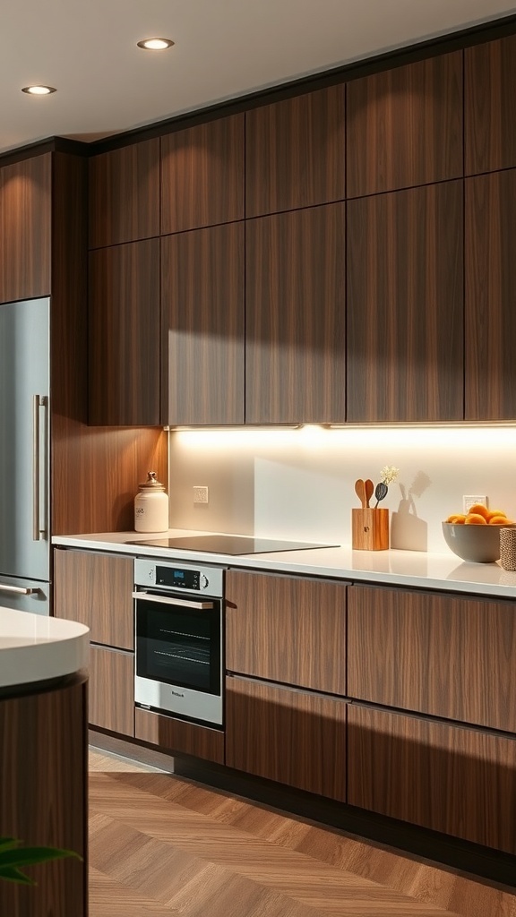 A modern kitchen featuring integrated appliances, a wooden island, and stylish pendant lights.