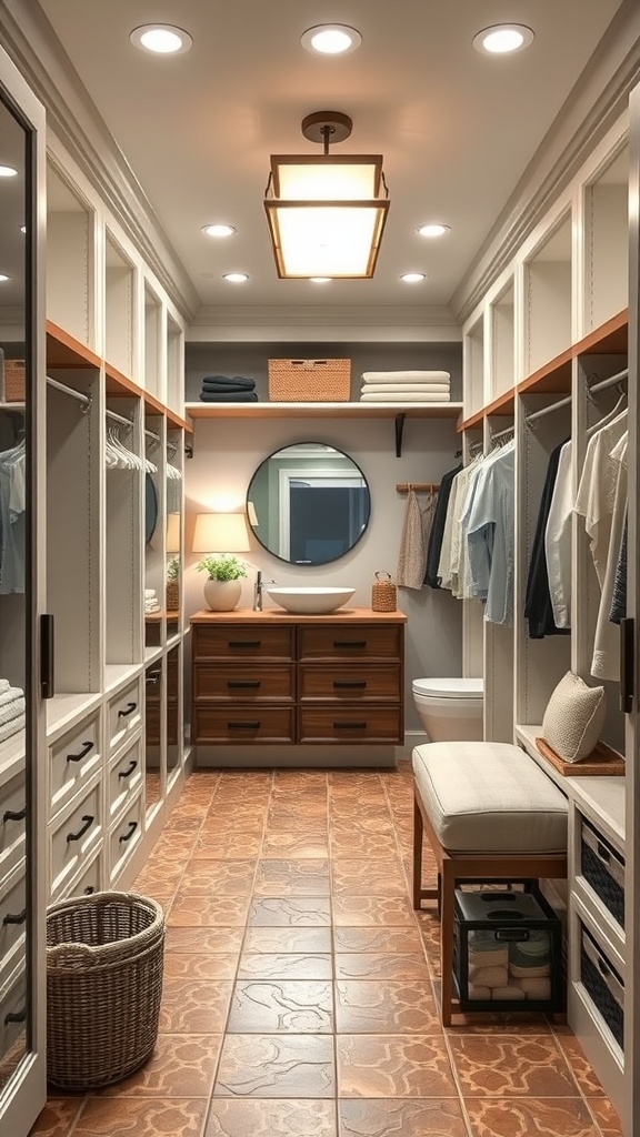 A well-organized walk-through closet leading to a farmhouse bathroom layout.