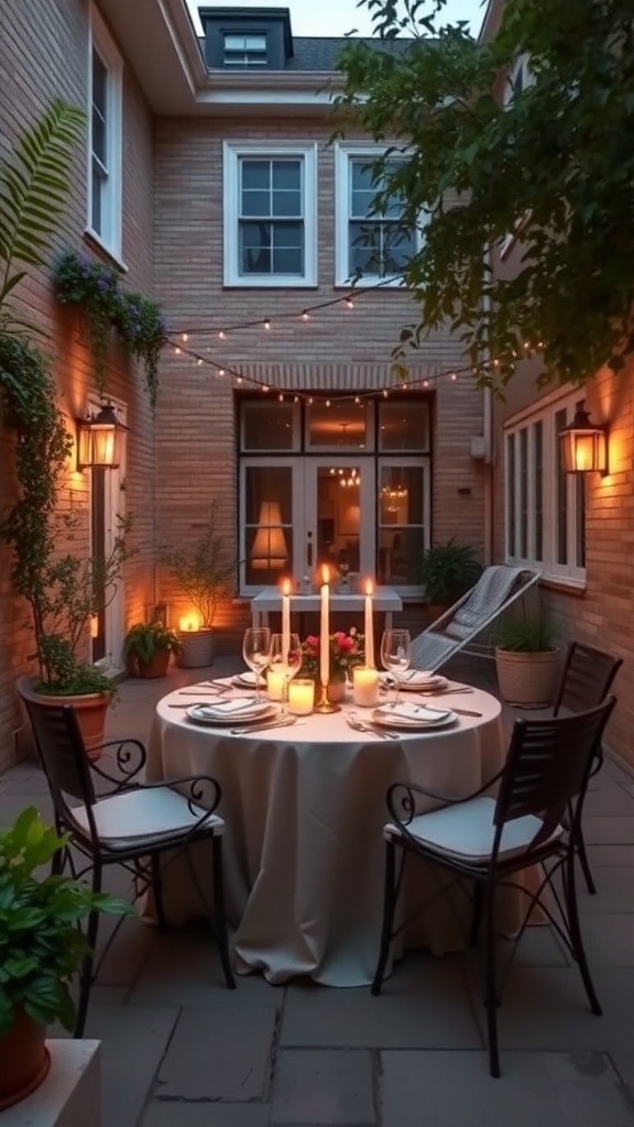 A cozy courtyard dining setup with a table, candles, and string lights.