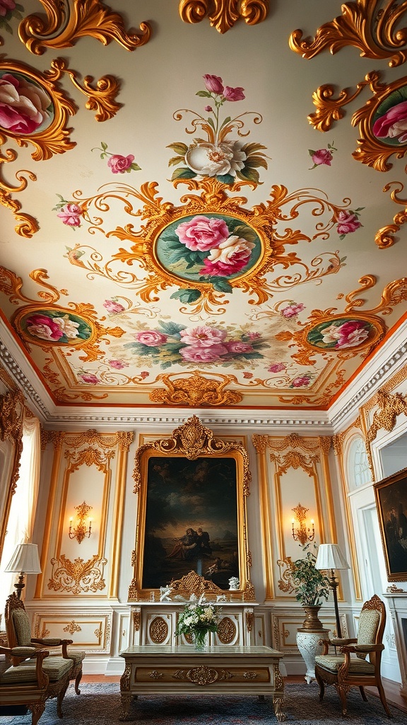 An ornate ceiling featuring floral designs and gold accents in a Rococo living room.