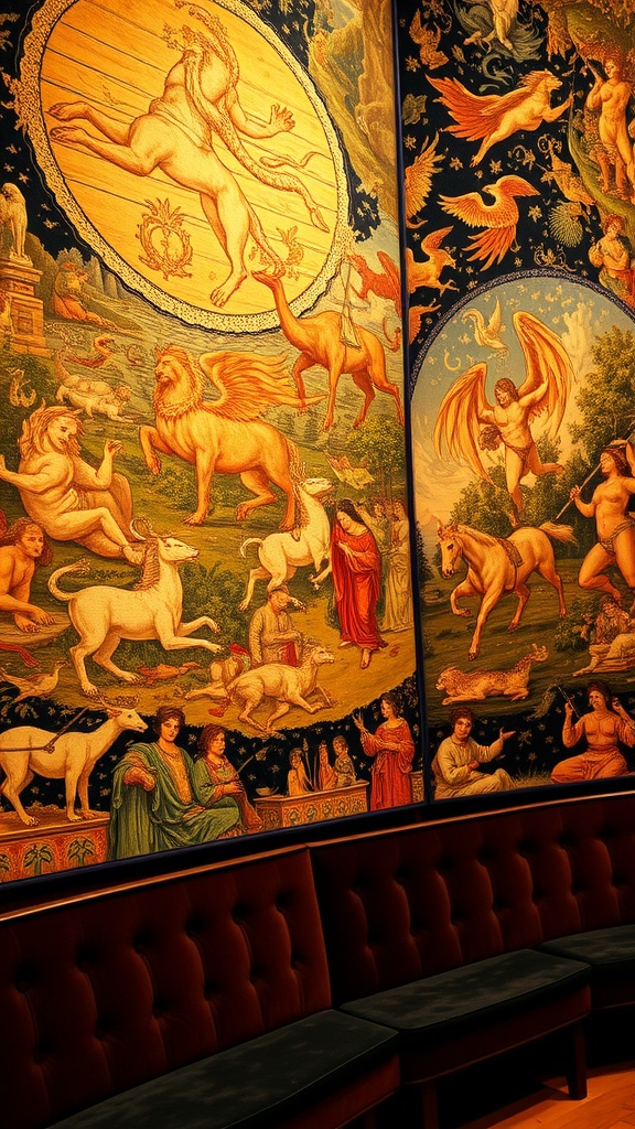 A beautifully detailed wall tapestry featuring mythical scenes and characters.