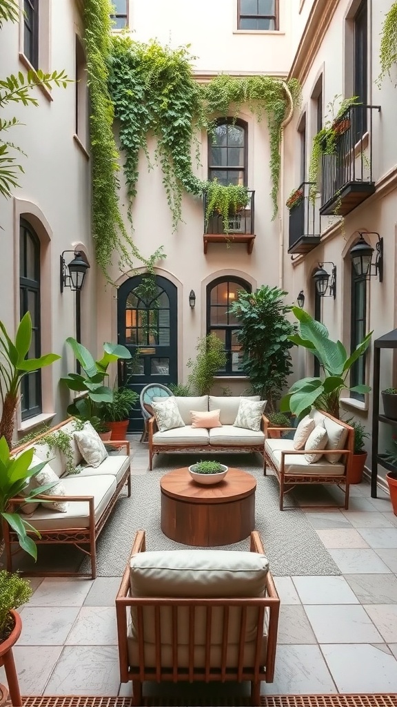 A cozy courtyard with comfortable seating and lush plants.