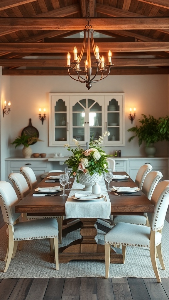 A beautifully arranged dining room with a wooden table, elegant chairs, and a floral centerpiece.