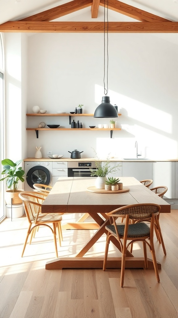 A bright and inviting dining space featuring a wooden table, stylish chairs, and natural light.