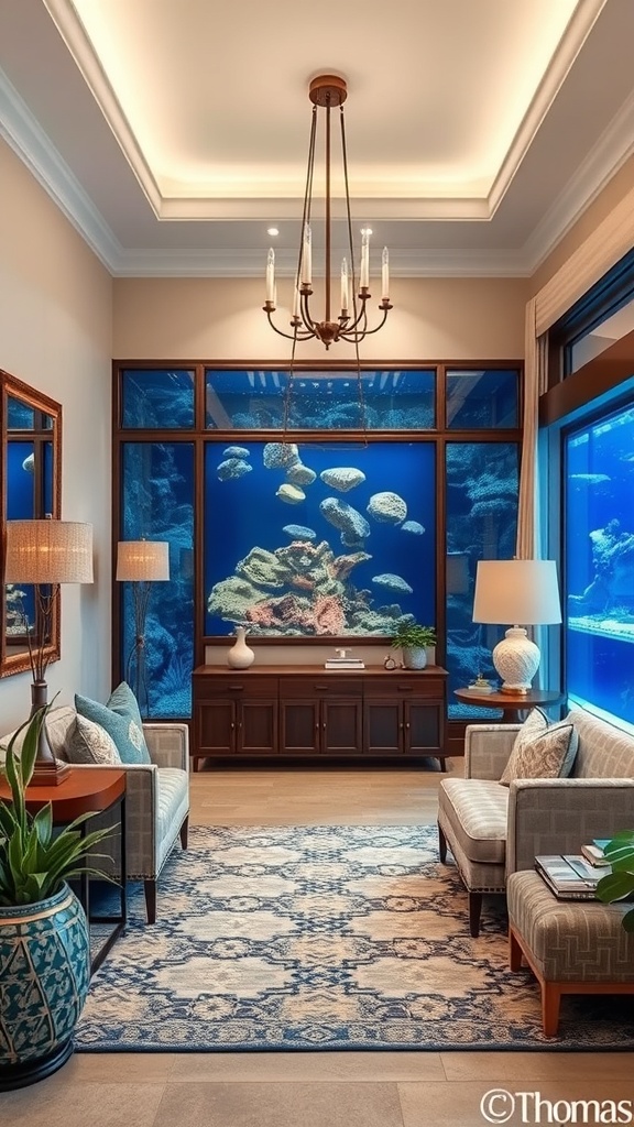 A stylish entryway featuring an aquarium backdrop, cozy seating, and soft lighting.