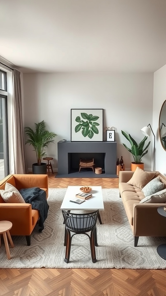 A cozy living room featuring warm colors, comfortable seating, and plants.