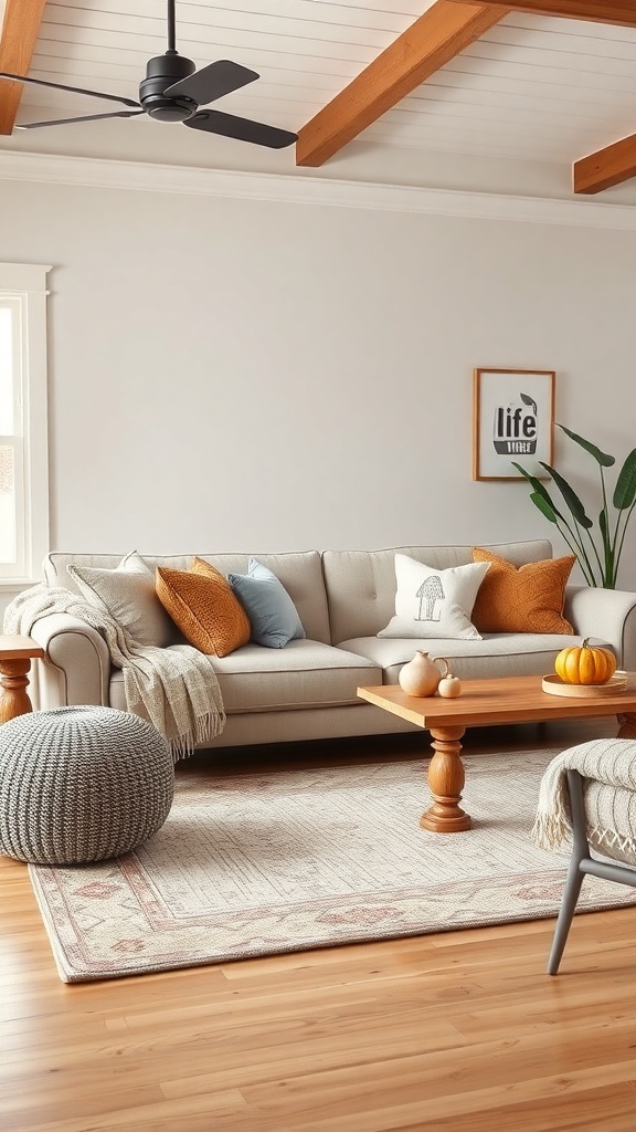 A cozy farmhouse living room featuring a beige sofa with colorful pillows, a wooden coffee table, and a knitted pouf.