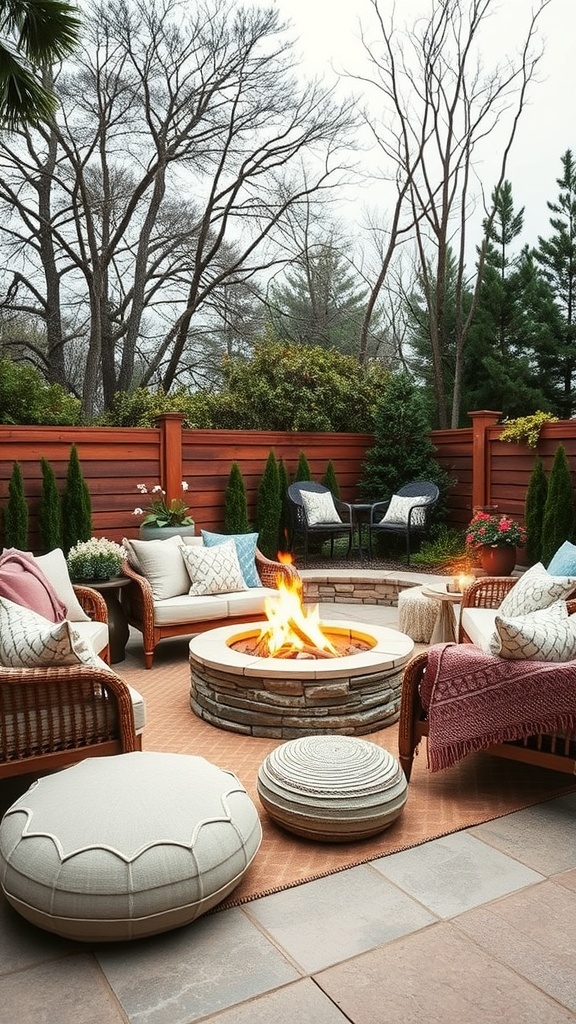 Cozy outdoor lounge with a fire pit surrounded by comfortable seating and decorative pillows.