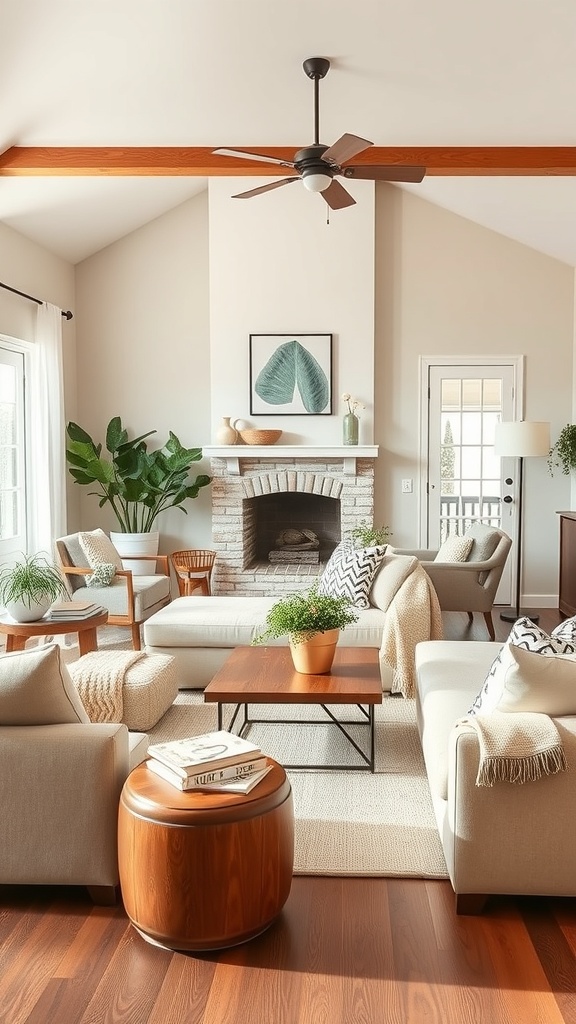A contemporary farmhouse living room with neutral colors, a cozy sofa, and plants.