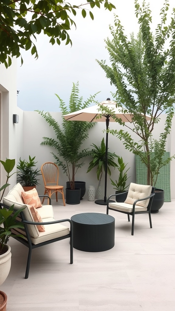 A cozy outdoor seating area with plants and a table