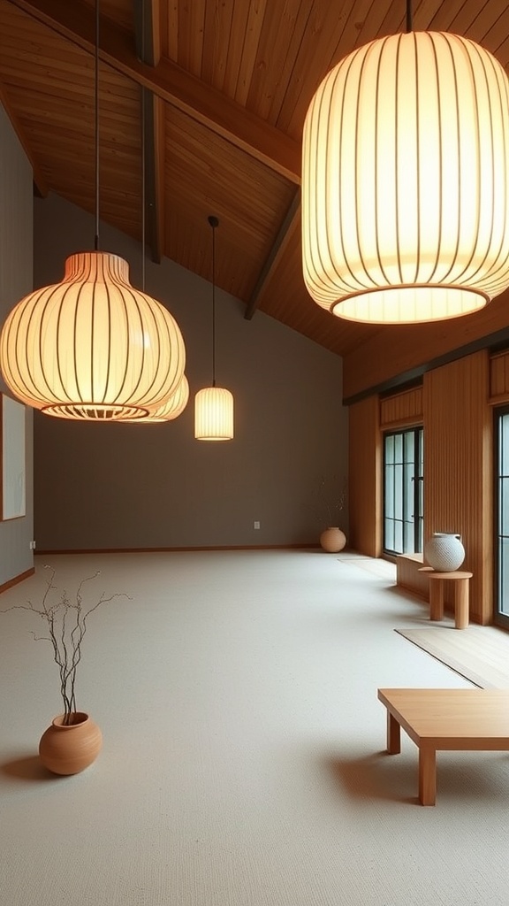 A serene interior featuring Japanese-inspired lighting fixtures with a warm glow.