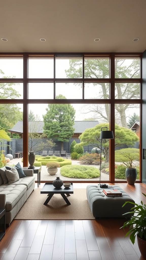 A Japanese living room with large windows overlooking a serene garden.