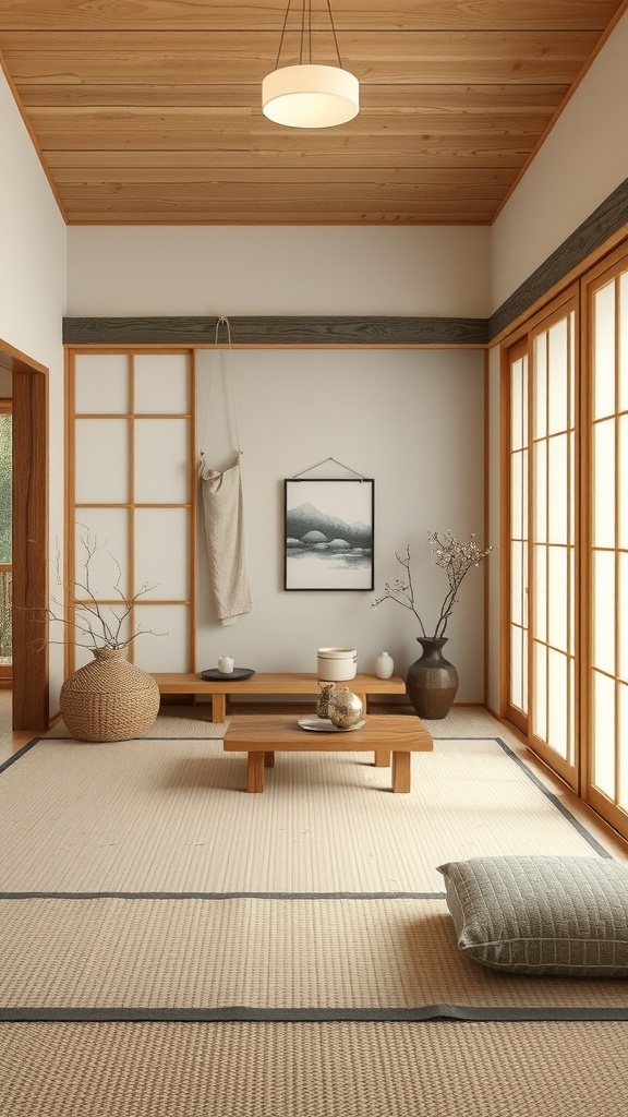 A serene Japanese Zen interior with natural materials and a calming atmosphere.