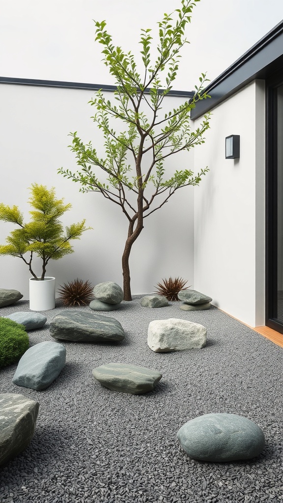 A serene Japanese Zen garden featuring rocks, plants, and gravel.