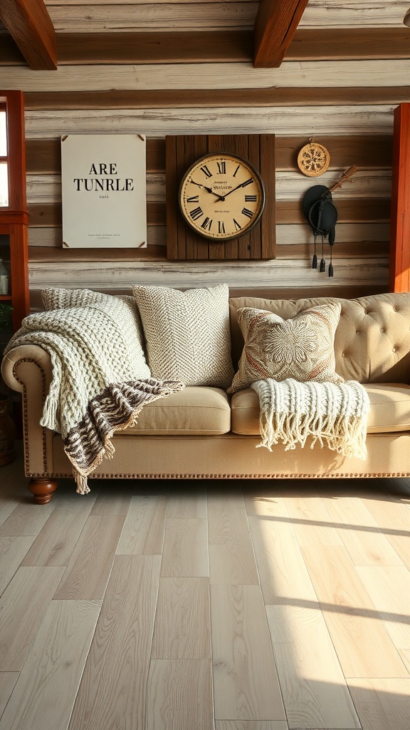 A cozy living room with a knitted throw blanket draped over a sofa.