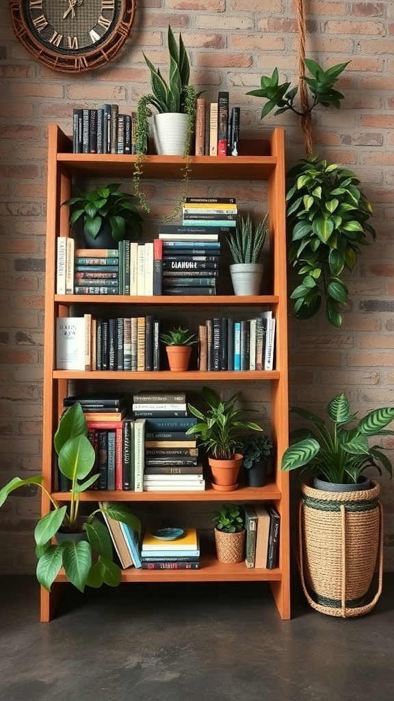A wooden ladder shelf filled with books and potted plants against a brick wall.