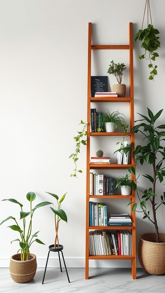 A wooden ladder-style shelving unit with books and plants, leaning against a wall.