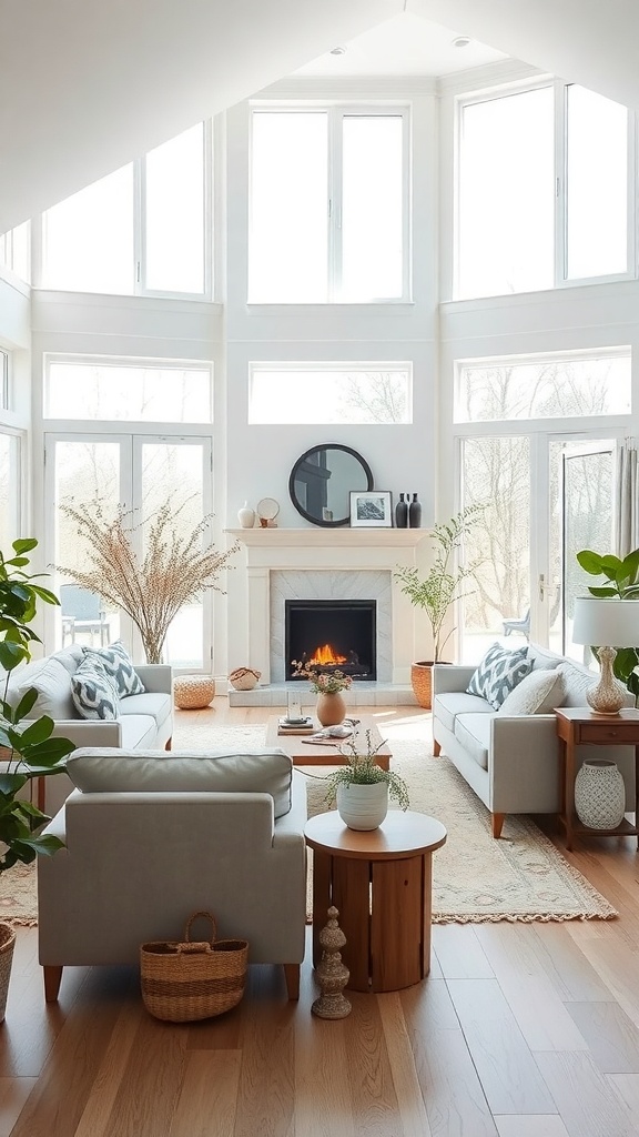 A modern living room with large windows allowing natural light, featuring comfortable seating and a fireplace.