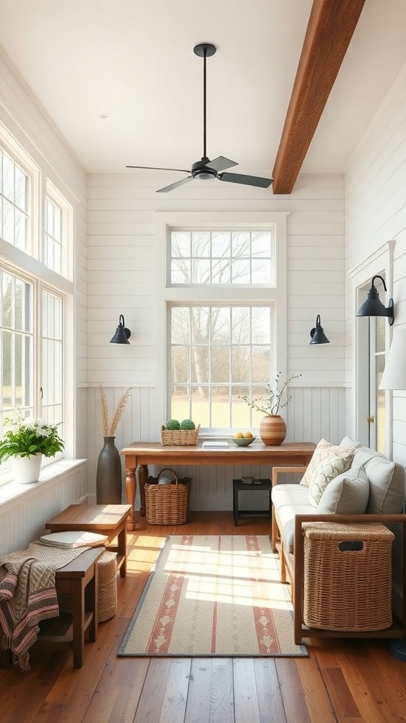 A bright and airy room with large windows, showcasing natural light and a cozy farmhouse vibe.