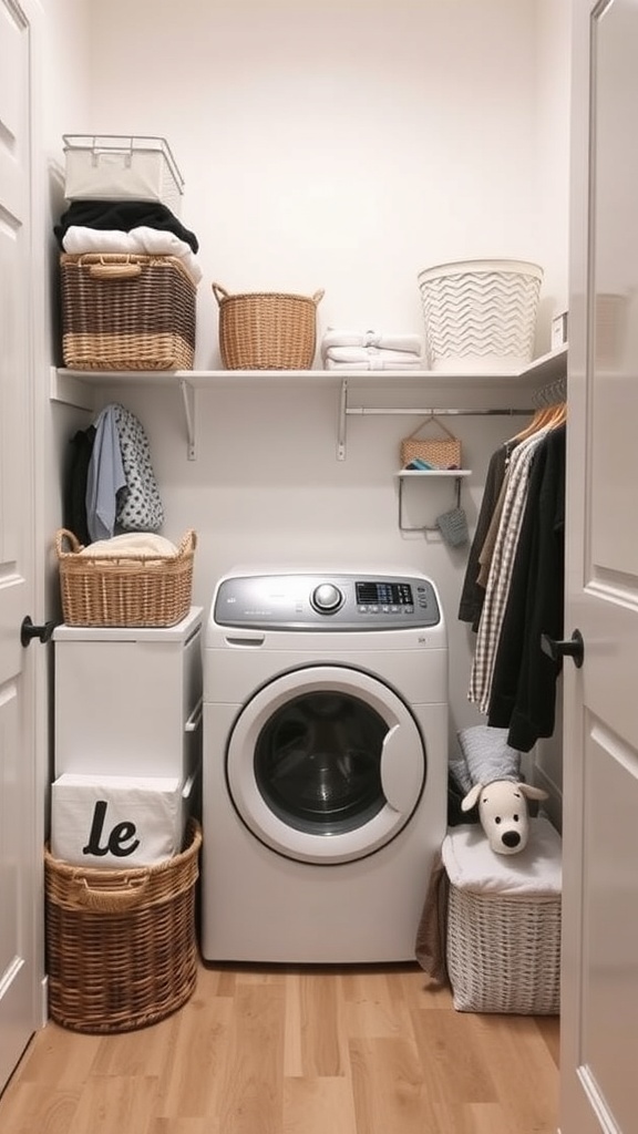 A small laundry room with a washing machine, shelves, and various baskets for organizing laundry.
