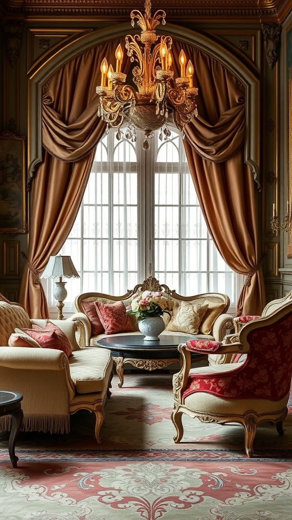 A lavish Rococo living room featuring ornate furniture, elegant upholstery, and a beautiful chandelier.