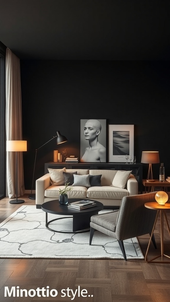 A stylish living room featuring layered lighting with floor and table lamps.