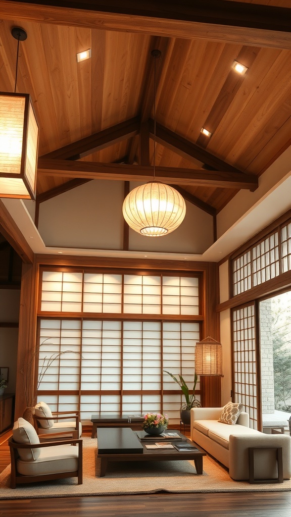 A beautifully designed Japanese living room with layered lighting featuring pendant lamps and warm tones.