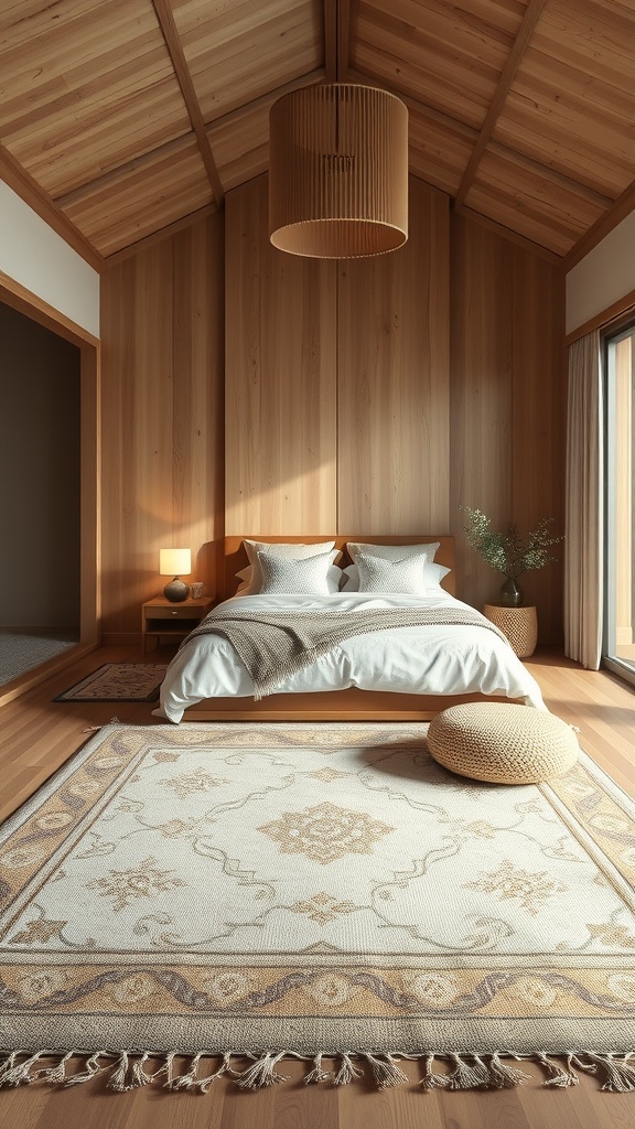 A cozy boho chic bedroom with layered rugs, a woven pendant light, and natural decor elements.