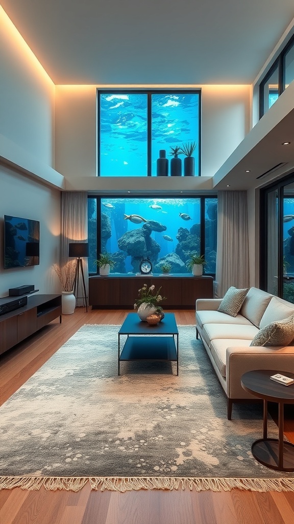 A modern living room with layered rugs, featuring a large window showing an underwater view.