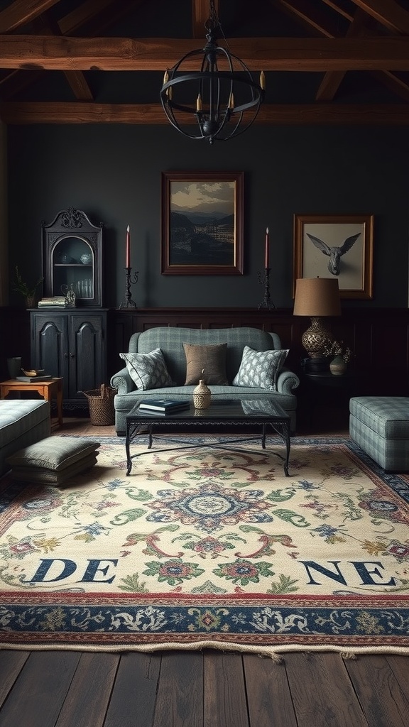 A Gothic living room featuring layered rugs, cozy seating, and dark wood accents.