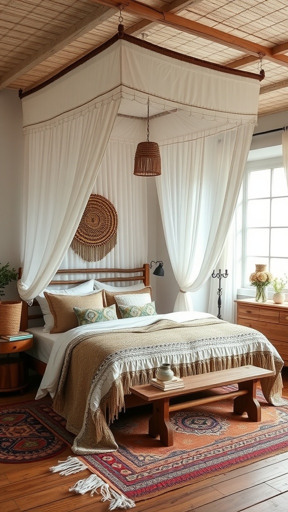 A cozy boho chic bedroom featuring layered textiles and patterns.